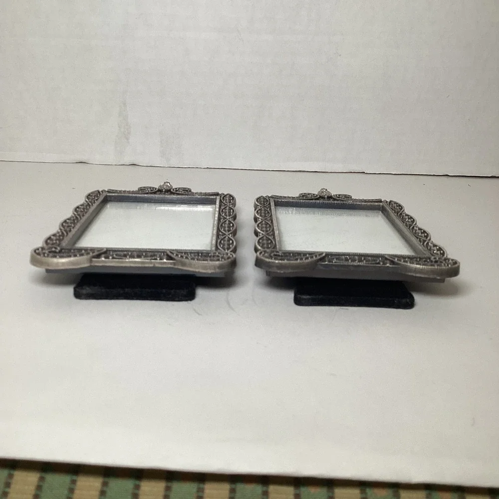 Vintage Style Marcasite Silver Tone Ornate Picture Frames Set 2 Rhinestone 2x3
